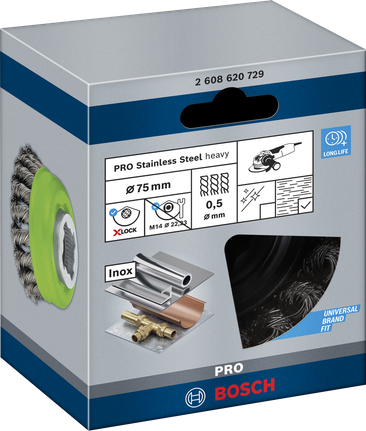 PRO Stainless Steel heavy X-Lock Cup Brush, 75 x 0.5 mm Bosch PRO X-Lock 75×0.5 mm stainless steel cup brush.