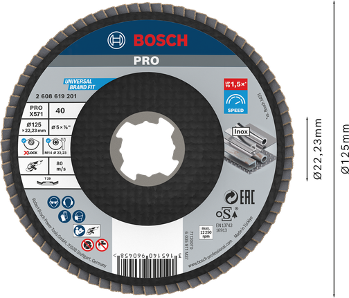 PRO X571 Flap Disc, Angled, 125 mm, G40, X-Lock Bosch PRO X571 flap disc angled 125mm G40 X-Lock.