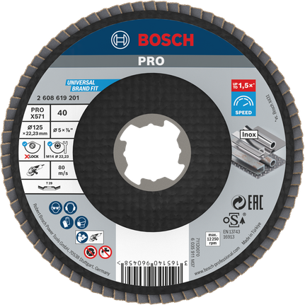 PRO X571 Flap Disc, Angled, 125 mm, G40, X-Lock Bosch PRO X571 Flap Disc Angled 125mm G40 X-Lock.