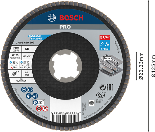 PRO X571 Flap Disc, Angled, 125 mm, G60, X-Lock Bosch PRO X571 flap disc angled 125mm G60 X-LOCK.