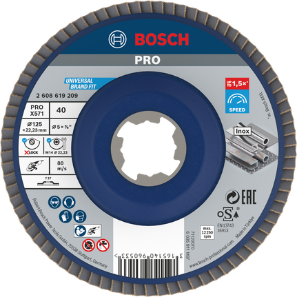 PRO X571 Flap Disc, Straight, 125 mm, G40, X-Lock Bosch PRO X571 Flap Disc 125 mm G40 X-Lock for Inox.