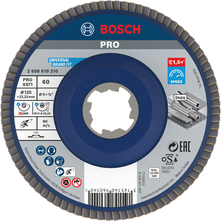 PRO X571 Flap Disc, Straight, 125 mm, G60, X-Lock Bosch PRO X571 Flap Disc 125mm G60 X-Lock for Inox.