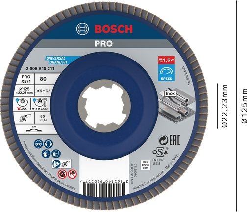 PRO X571 Flap Disc, Straight, 125 mm, G80, X-Lock Bosch PRO X571 Flap Disc 125mm G80 X-Lock for metal.