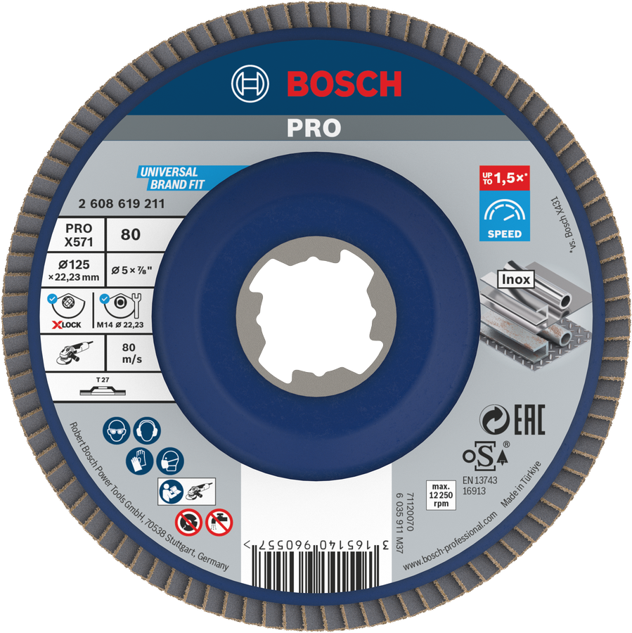 Bosch PRO X571 Flap Disc 125mm G80 for metal grinding.