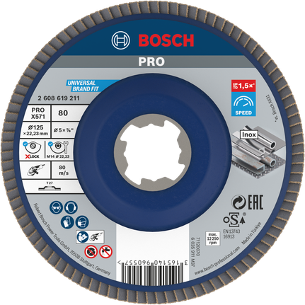 PRO X571 Flap Disc, Straight, 125 mm, G80, X-Lock Bosch PRO X571 Flap Disc 125mm G80 for metal grinding.