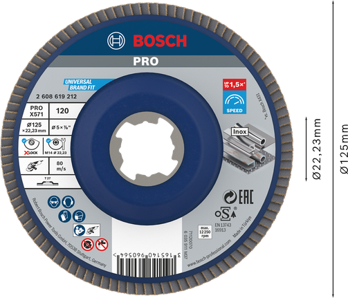 PRO X571 Flap Disc, Straight, 125 mm, G120, X-Lock Bosch PRO X571 Flap Disc 125mm G120 for X-Lock grinders.