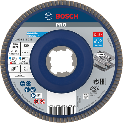 PRO X571 Flap Disc, Straight, 125 mm, G120, X-Lock Bosch PRO X571 Flap Disc 125mm G120 X-Lock.