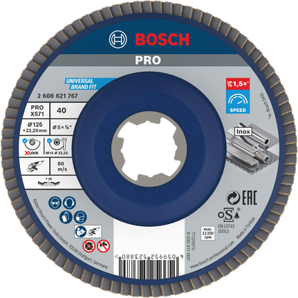 PRO X571 Flap Disc, Angled, 125 mm, G40, X-Lock Bosch PRO X571 flap disc 125mm G40 X-Lock for metal.