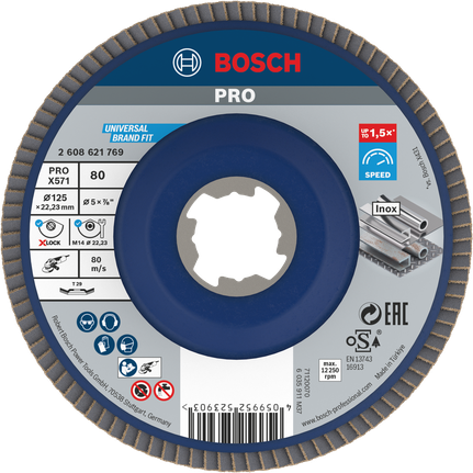 PRO X571 Flap Disc, Angled, 125 mm, G80, X-Lock Bosch PRO X571 flap disc angled 125mm G80 X-Lock.