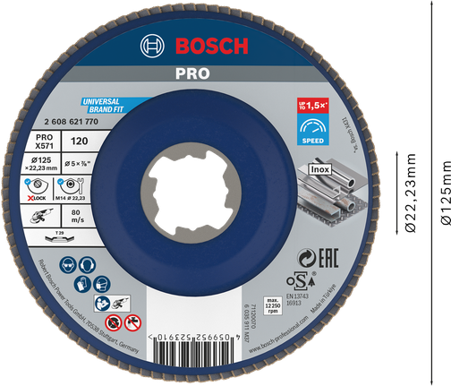 PRO X571 Flap Disc, Angled, 125 mm, G120, X-Lock Bosch PRO X571 Flap Disc Angled 125mm G120 X-LOCK.