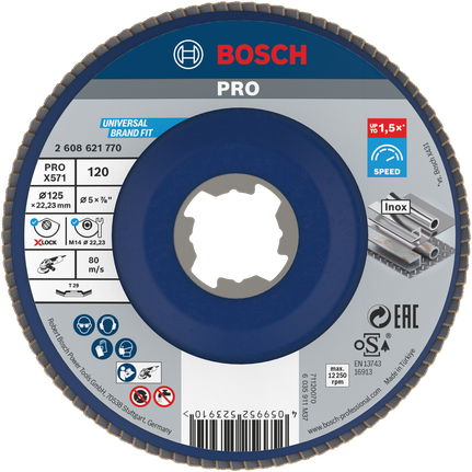 PRO X571 Flap Disc, Angled, 125 mm, G120, X-Lock Bosch PRO X571 Flap Disc 125mm G120 X-Lock for metal.
