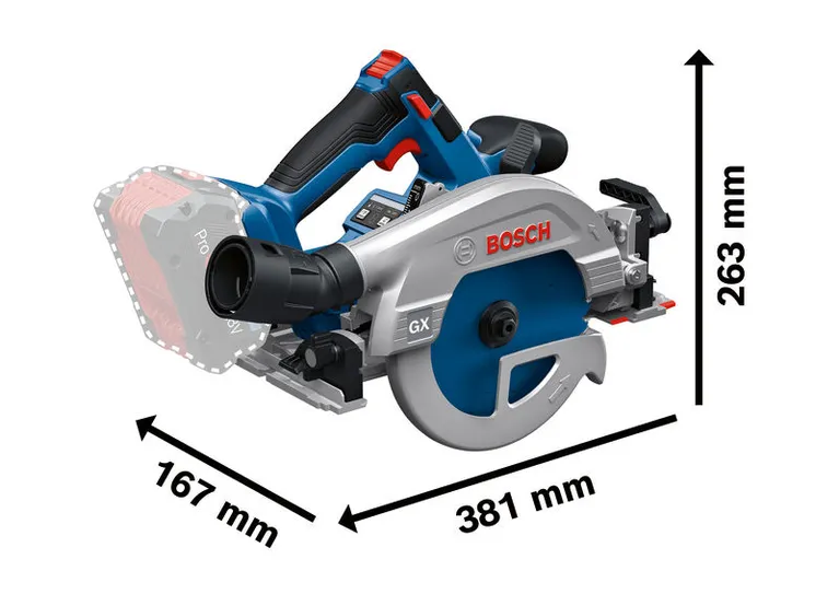 Bosch GKS 18V-57-2 GX cordless circular saw with dimensions.