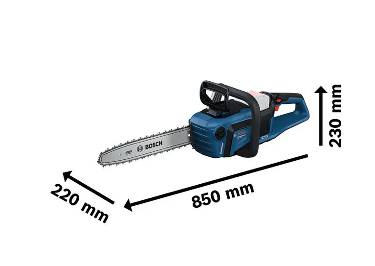 GKE 18V-40 Bosch GKE 18V-40 chainsaw with dimensions shown.