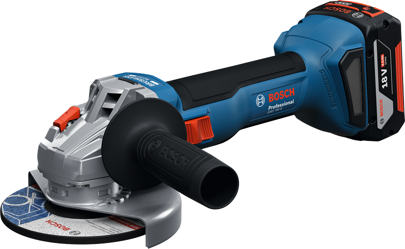Bosch GWS 18V-8 cordless angle grinder, 4Ah battery.