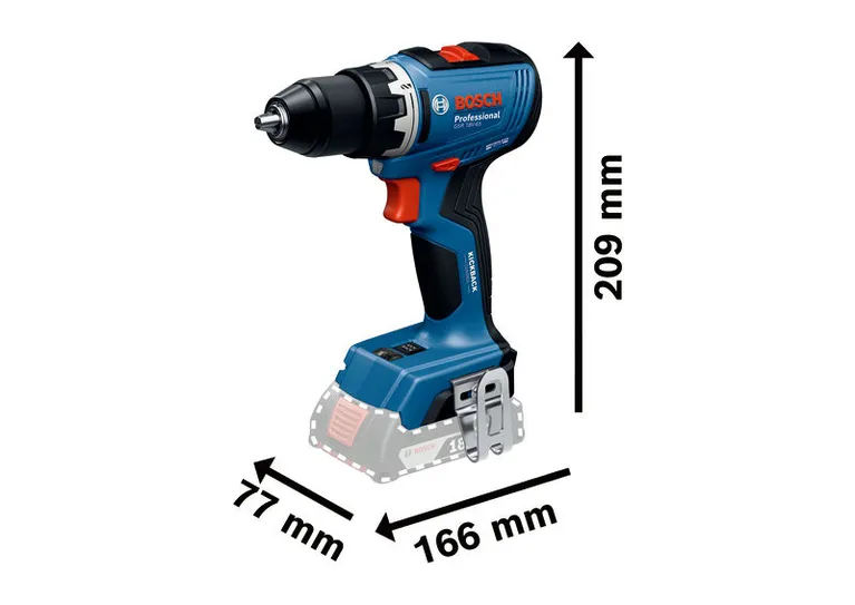 Bosch GSR 18V-65 cordless drill, compact 77x166x209 mm.