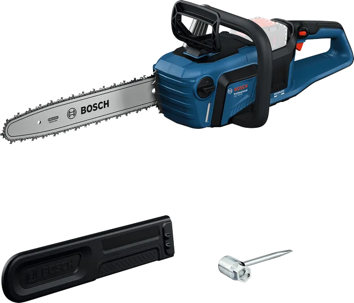 Bosch GKE 18V-40 cordless chainsaw with cover and tool.