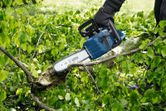 A person wearing safety equipment trims a fallen tree branch with a cordless chainsaw.
