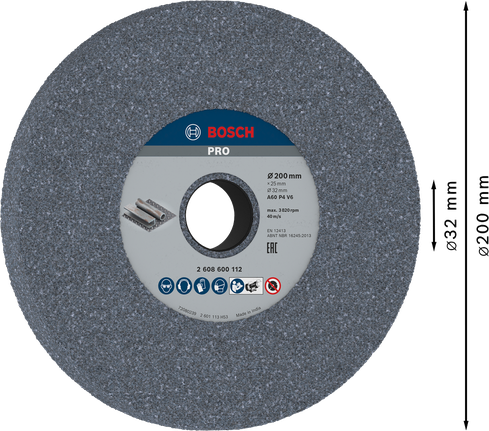 PRO Metal Grinding Wheel, 200 x 25 x 32 mm, G60 Bosch PRO Metal Grinding Wheel 200 x 25 x 32 mm G60.