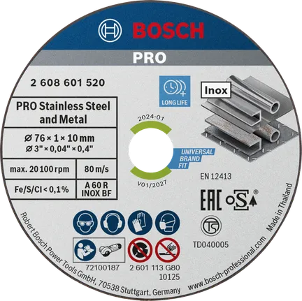 PRO Stainless Steel and Metal Bonded Cutting Disc, 76 x 1 x 10 mm Bosch PRO stainless steel and metal cutting disc 76x1x10 mm.