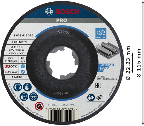 PRO Metal Bonded Grinding Disc, 115 x 6 x 22.23 mm, X-Lock Bosch PRO Metal Bonded Grinding Disc 115mm X-Lock.