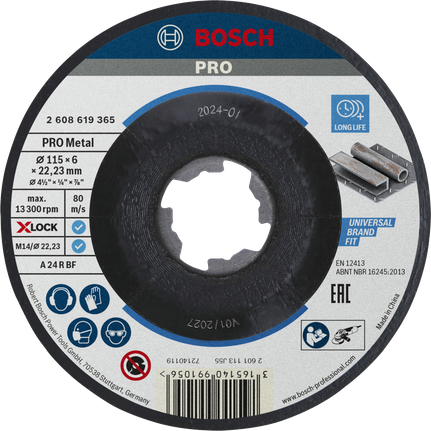 PRO Metal Bonded Grinding Disc, 115 x 6 x 22.23 mm, X-Lock Bosch PRO Metal Bonded Grinding Disc, X-Lock 115 mm.