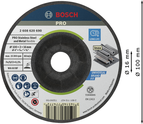 PRO Semi-Flexible Grinding Disc, 100 x 2 x 16 mm Bosch PRO Semi-Flexible Grinding Disc for metal, 100 x 2 x 16 mm.
