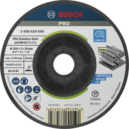 PRO Semi-Flexible Grinding Disc, 100 x 2 x 16 mm Bosch PRO Semi-Flexible Grinding Disc for stainless steel.