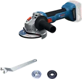 Bosch GWS 18V-8 cordless angle grinder with accessories.