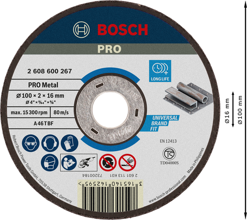 Bosch PRO Metal Cutting Disc 100 x 2 x 16 mm, long life.