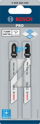 PRO Soft Tile T130RF Jigsaw Blade, 83 mm, 2 pcs Bosch PRO Soft Tile T130RF jigsaw blades 83 mm 2-pack.