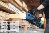 A person wearing safety equipment cuts softwood with a cordless chainsaw.
