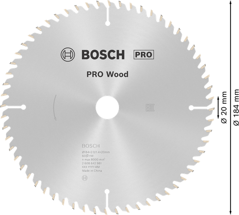 PRO Wood Circular Saw Blade, 184 x 2 x 20 mm Bosch PRO Wood Circular Saw Blade 184 mm for precise wood cutting.