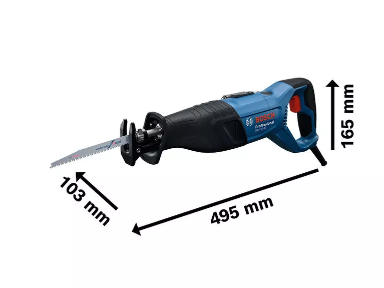Bosch GSA 12-30 reciprocating saw with dimensions shown.