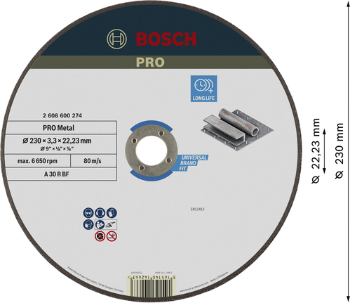 Bosch PRO Metal Cutting Disc 230 mm for long life.