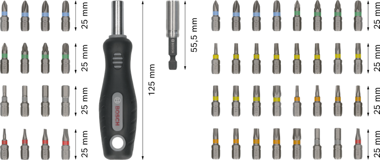 Bosch Extra Hard Screwdriver Bit Set 50 pcs with handle.