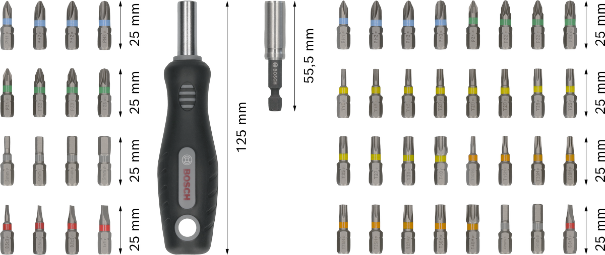 Bosch Extra Hard Screwdriver Bit Set 50 pcs with handle.