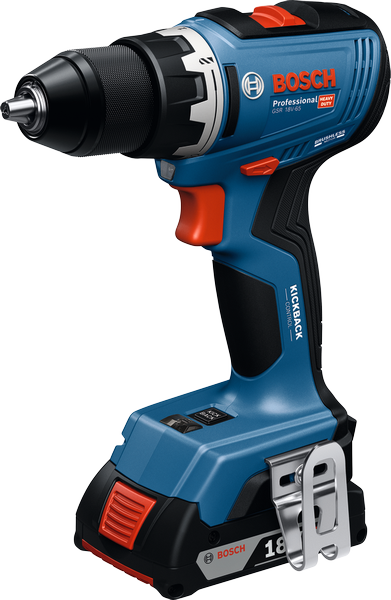 Bosch GSR 18V-65 cordless drill with belt clip.