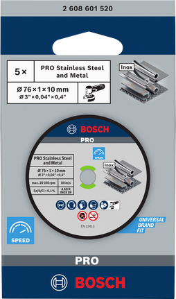 PRO Stainless Steel and Metal Bonded Cutting Disc, 76 x 1 x 10 mm Bosch PRO 76×1×10 mm stainless steel cutting disc.