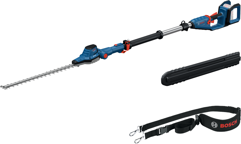 Bosch GHE 18V-50 telescopic hedge trimmer with strap.