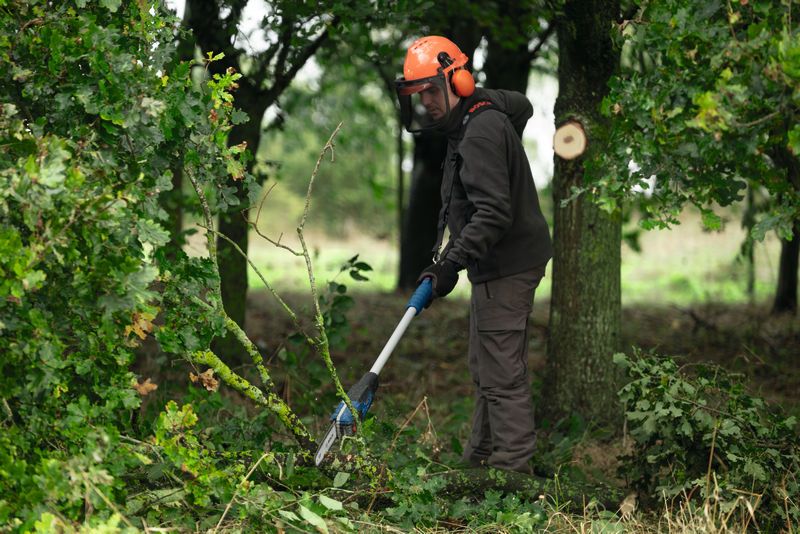 GKE 18V-25 TP A person wearing safety equipment trims branches using a cordless telescopic pruner.