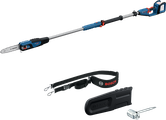 Bosch GKE 18V-25 pole saw with telescopic handle and accessories.
