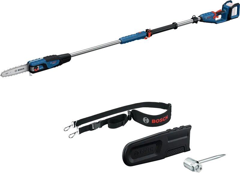 Bosch GKE 18V-25 pole saw with telescopic handle and accessories.