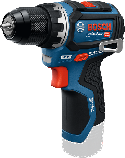 Bosch GSR 12V-32 cordless drill with brushless motor.
