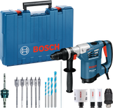 Bosch GBH 4-32 DFR rotary hammer drill set with accessories.