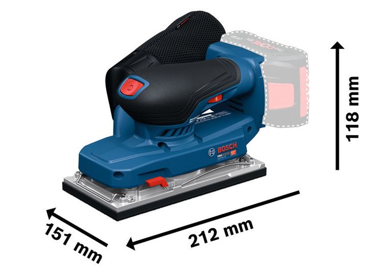 Bosch GSS18V-18 orbital sander with dimensions shown.