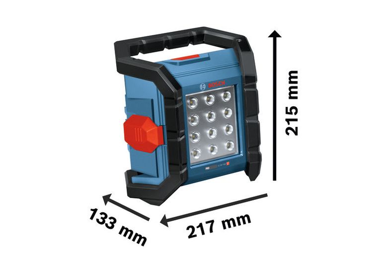 Bosch GLI18V-1500 cordless jobsite light with dimensions.