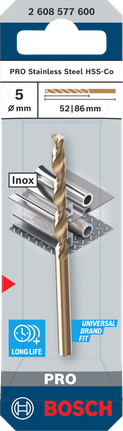 Bosch 5 mm stainless steel HSS-Co drill bit.