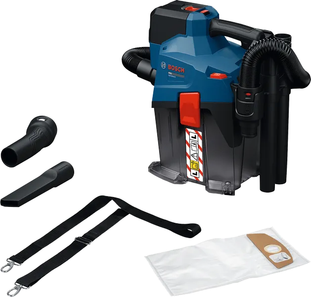 Bosch GAS18V-6LS cordless wet dry vacuum with accessories.