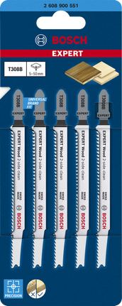 EXPERT ‘Wood 2-side clean’ T 308 B Jigsaw Blade 5-pc Bosch EXPERT ‘Wood 2-side clean’ T308B jigsaw blades pack.