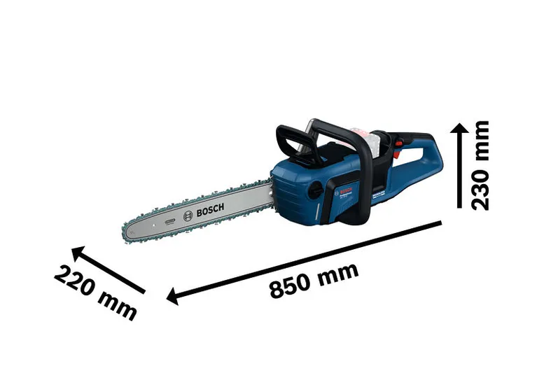 GKE 18V-40 Bosch GKE 18V-40 cordless chainsaw with dimensions.